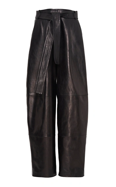 Shop Sally Lapointe Belted Leather Wide-leg Pants In Black