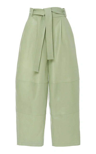 Shop Sally Lapointe Belted Leather Wide-leg Pants In Green