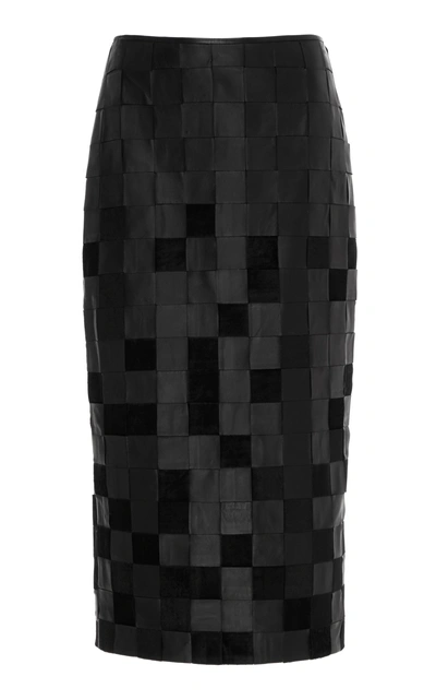 Shop Gabriela Hearst Kiara Checkered Faux Leather And Silk-velvet Midi Skirt In Black