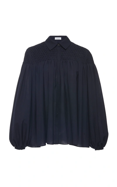 Shop Gabriela Hearst Carmen Wool And Cashmere Smocked Blouse In Navy
