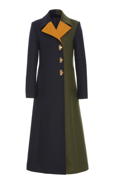 Shop Tory Burch Collared Color-blocked Wool-blend Coat In Blue