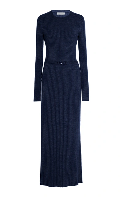 Shop Gabriela Hearst Luisa Belted Ribbed-knit Wool-blend Maxi Dress In Navy