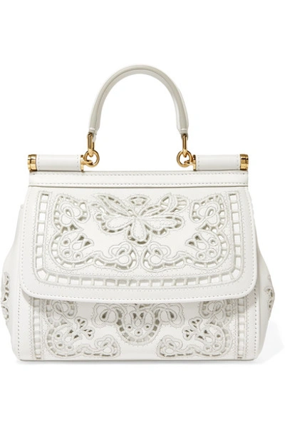 Shop Dolce & Gabbana Sicily Small Cutout Embroidered Leather Tote In White