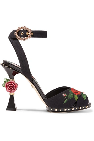 Shop Dolce & Gabbana Embellished Floral-print Charmeuse Sandals In Black