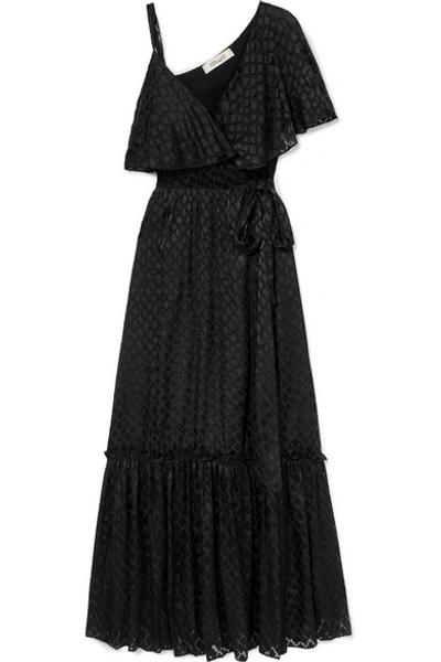 Shop Diane Von Furstenberg Ella Asymmetric Devoré-satin Wrap Maxi Dress In Black