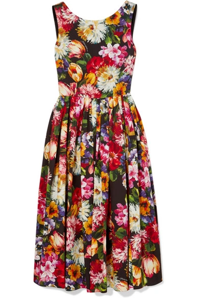 Shop Dolce & Gabbana Pleated Floral-print Cotton Dress In Black