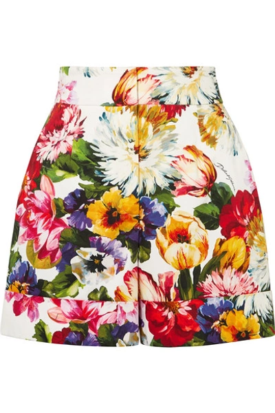 Shop Dolce & Gabbana Floral-print Cotton-blend Twill Shorts In White