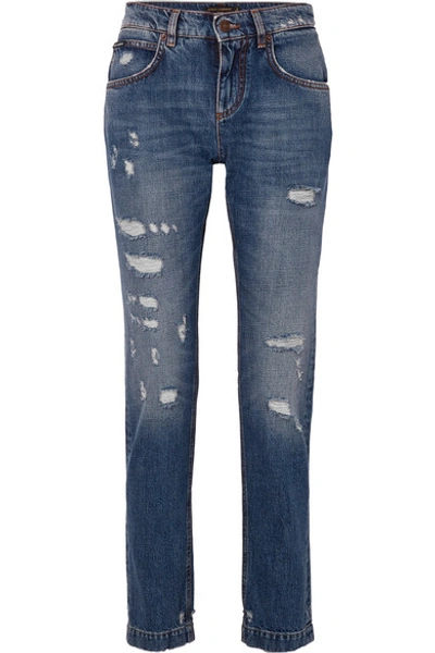 Shop Dolce & Gabbana Appliquéd Distressed Slim Boyfriend Jeans In Blue