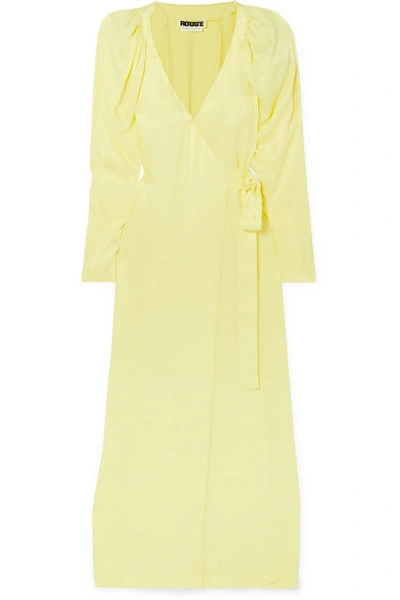 Shop Rotate Birger Christensen Satin Wrap Maxi Dress In Pastel Yellow