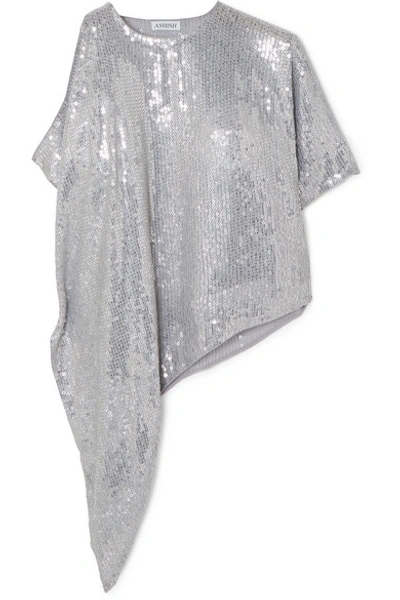 Shop Ashish Asymmetric Sequined Georgette Top In Silver