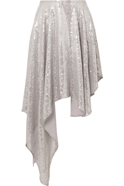 Shop Ashish Asymmetric Sequined Georgette Midi Skirt In Silver