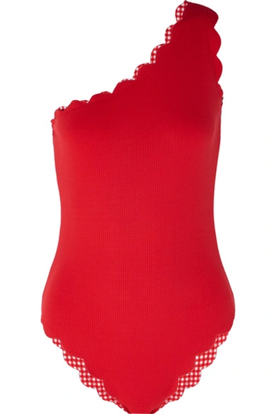 Shop Marysia Santa Barbara One-shoulder Scalloped Stretch-crepe Swimsuit In Red