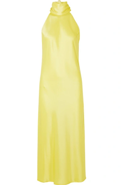 Shop Galvan Sienna Satin Halterneck Midi Dress In Yellow