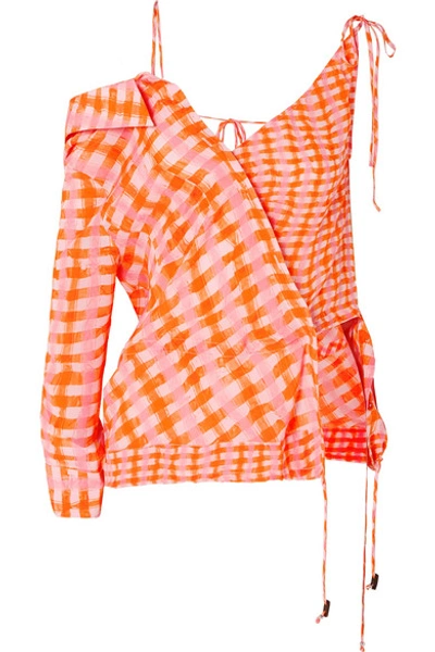 Shop Altuzarra Nola Asymmetric Checked Silk-georgette Blouse In Orange