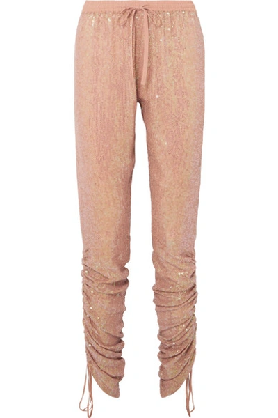 Shop Ashish Ruched Sequined Georgette Tapered Pants In Beige