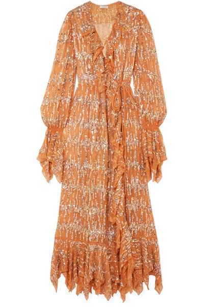 Shop Ashish Ruffled Sequin-embellished Chiffon Wrap Maxi Dress In Beige