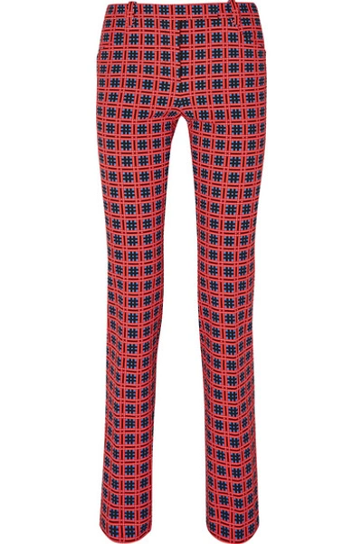 Shop Versace Checked Cotton-blend Twill Straight-leg Pants In Red