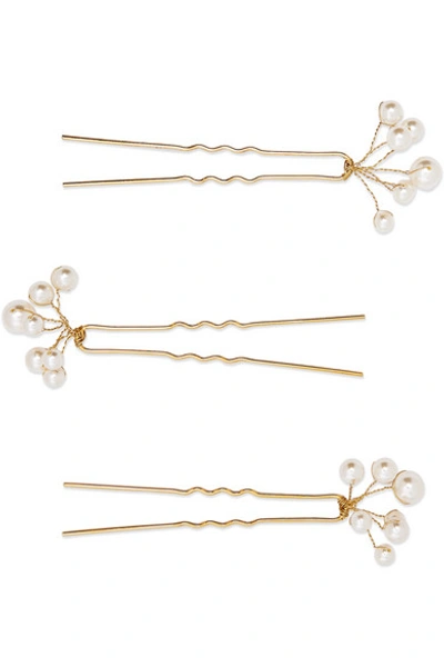 Shop Jennifer Behr Primavera Set Of Three Gold-tone Swarovski Pearl Hair Pins