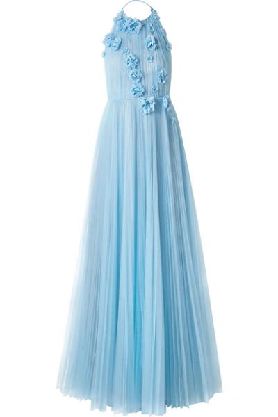 Shop Jason Wu Collection Appliquéd Pleated Tulle Halterneck Gown In Light Blue