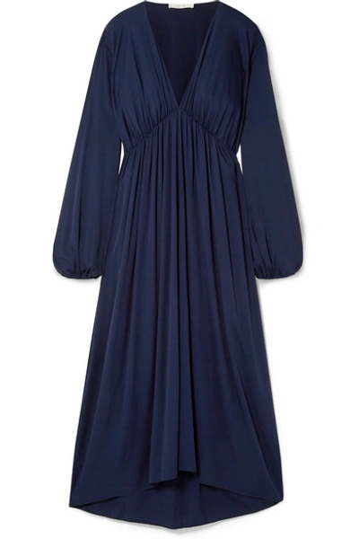 Shop The Row Sasha Gathered Silk-blend Satin Midi Dress In Navy