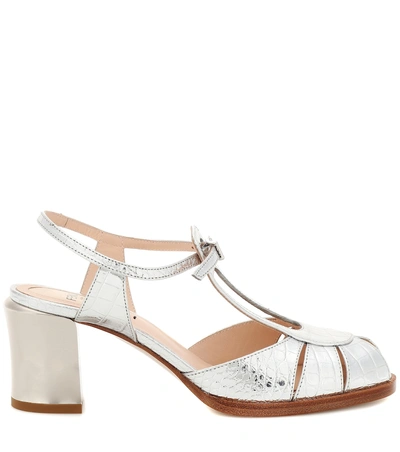 Shop Fendi Embossed Leather Sandals In Silver