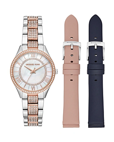 Shop Michael Kors Lauryn Embellished Two-tone Link Bracelet Watch Gift Set, 33mm In White/multi