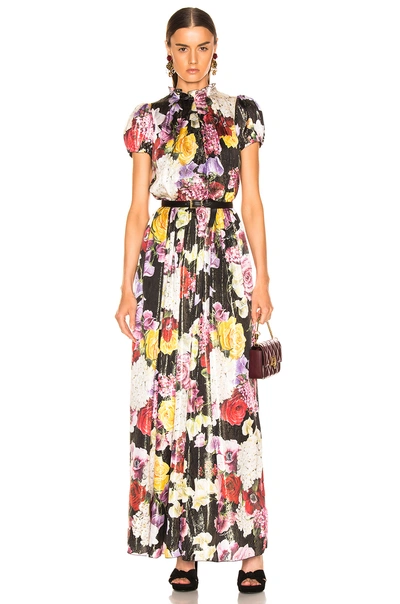 Shop Dolce & Gabbana Multi Floral Lurex Short Sleeve Gown In Pink Multi