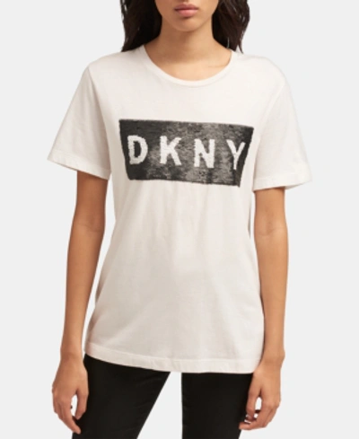Shop Dkny Reversible-sequin Logo Crewneck Top In White