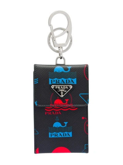 Shop Prada Printed Saffiano Leather Keychain Trick In Black
