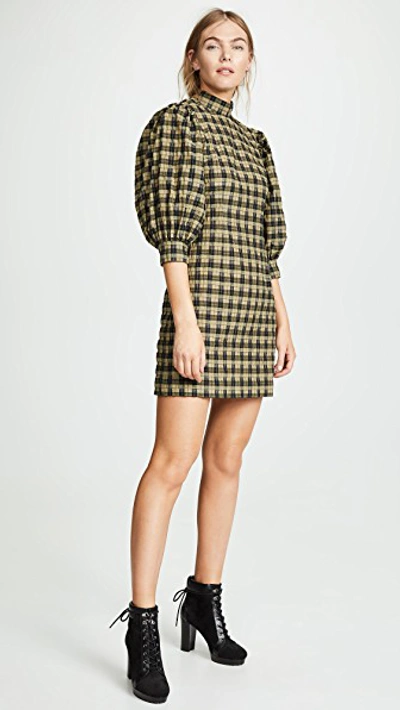 Shop Ganni Seersucker Check Dress In Aloe