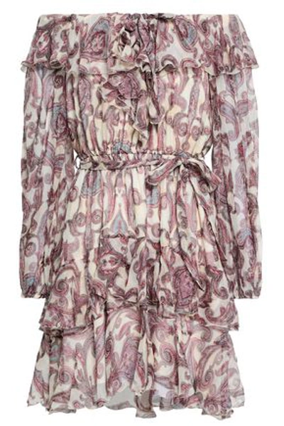 Shop Zimmermann Off-the-shoulder Printed Silk-georgette Mini Dress In Violet