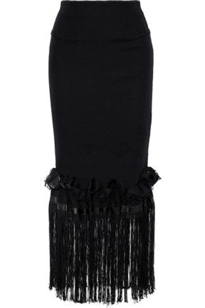 Shop Roland Mouret Woman Harlthorpe Fringed Cady-paneled Cotton-blend Maxi Skirt Black