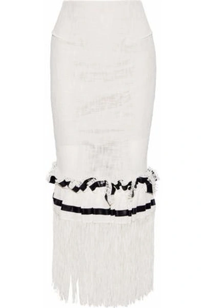 Shop Roland Mouret Woman Harlthorpe Fringed Cady-paneled Cotton-blend Maxi Skirt White