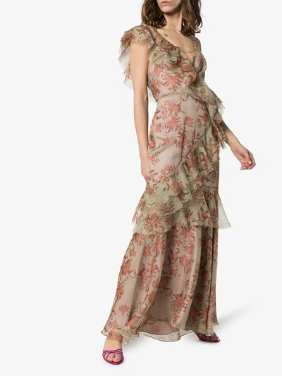 Shop Johanna Ortiz Belle Of The Ball Floral Print Ruffled Silk Dress In Green