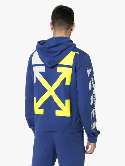 Shop Off-white Diagonal Arrow Logo Print Cotton Hoodie In Blue Yellow