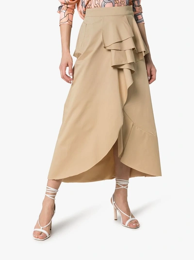Shop Johanna Ortiz Frou Frou Cotton-blend Ruffled Wrap Skirt In Camel