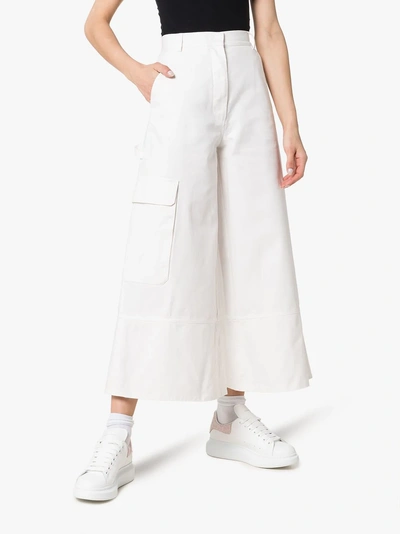 Shop Moncler Wide-leg Cropped Trousers In White