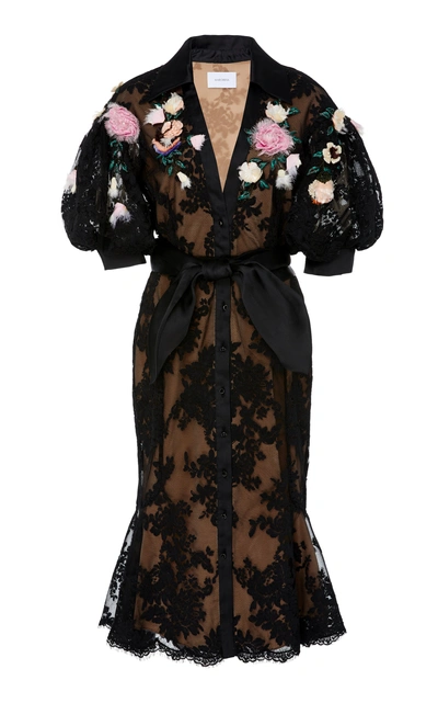 Shop Marchesa Belted Flower-embroidered Guipure Lace Dress In Black