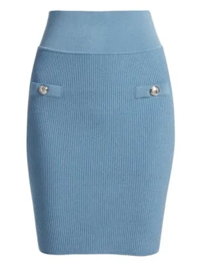 Shop Balmain Ribbed Button Pencil Skirt In Blue Jean