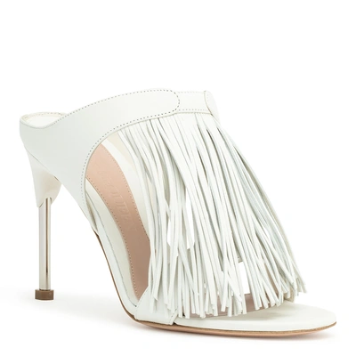 Shop Alexander Mcqueen Ivory Leather Pin Heel Fringe Mules In White