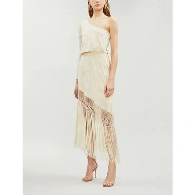 Shop Johanna Ortiz One-shoulder Asymmetric Fringed Embroidered Silk-crepe Dress In Eccru