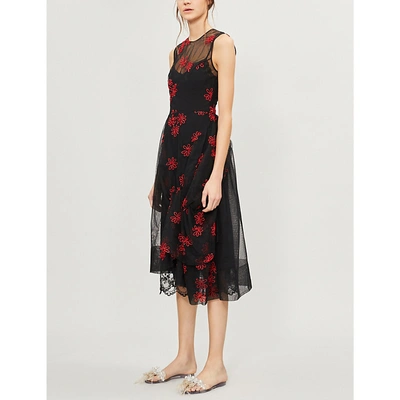 Shop Simone Rocha Floral-embroidered Tulle Dress In Black/ Red