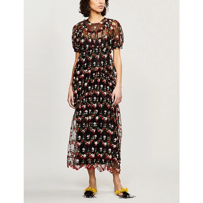 Shop Simone Rocha Floral-embroidered Tulle Midi Dress In Black/multi