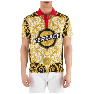 Shop Versace Men's Short Sleeve T-shirt Polo Collar Hibiscus In Yellow