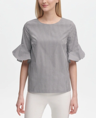 Shop Calvin Klein Striped Ruffle-sleeve Top In Soft White