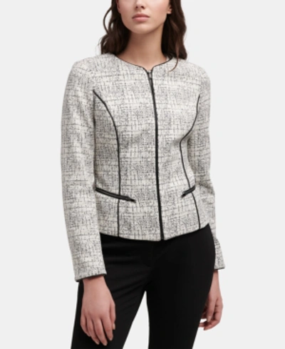 Shop Dkny Printed Zip-up Jacket With Faux-leather Trim In Ivory Black Multi