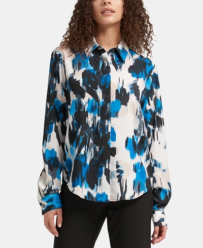 Shop Dkny Abstract-print Collared Shirt In Lagoon Multi
