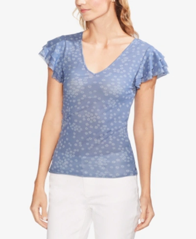 Shop Vince Camuto Floral-print Ruffled-sleeve Top In Dusty Blue