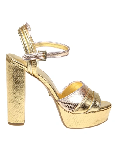 Shop Michael Kors Sandal Harper In Gold Laminated Leather In Pale Gold