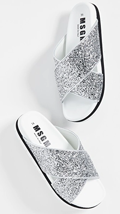 Shop Msgm Crisscross Sandals In Silver Glitter